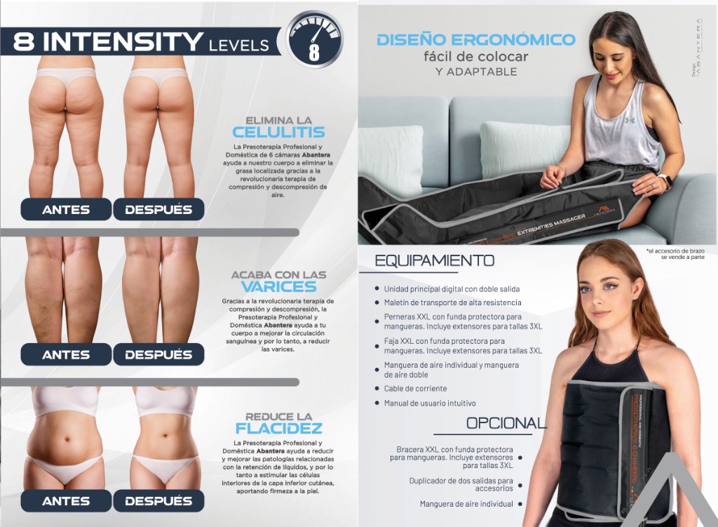 Folleto: beneficios antes y después, 8 niveles de intensidad, diseño ergonómico y listado de equipamiento